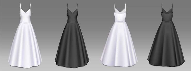 Vector gratuito maqueta de vestidos de mujer, vestidos largos blancos y negros.