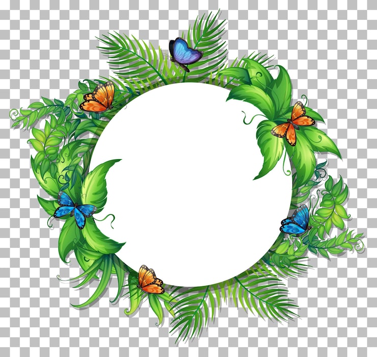 Vector gratuito marco redondo con hojas tropicales y mariposas sobre fondo transparente
