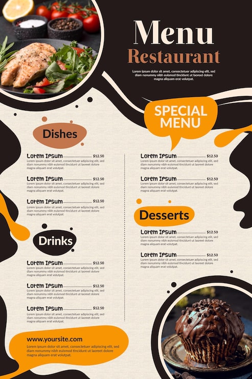 Vector gratuito menú de restaurante creativo para uso digital con foto