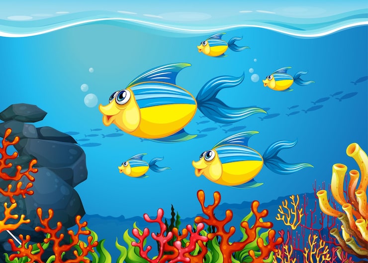 Vector gratuito muchos personajes de dibujos animados de peces exóticos en el fondo submarino
