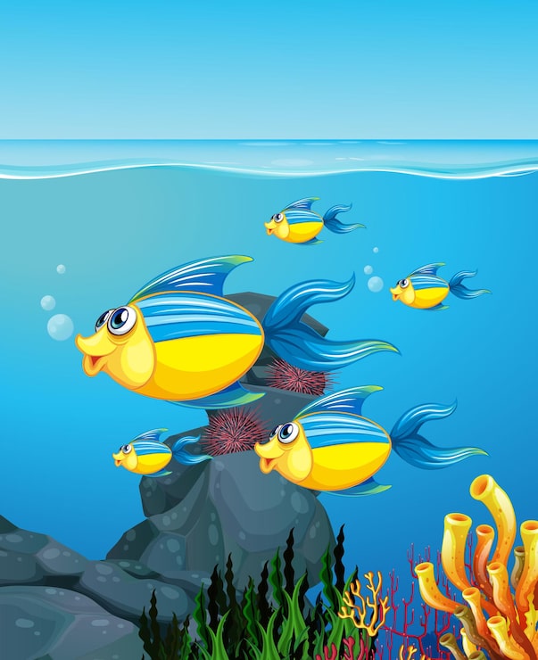 Vector gratuito muchos personajes de dibujos animados de peces exóticos en el fondo submarino