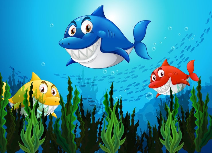 Vector gratuito muchos personajes de dibujos animados de tiburones en el fondo submarino