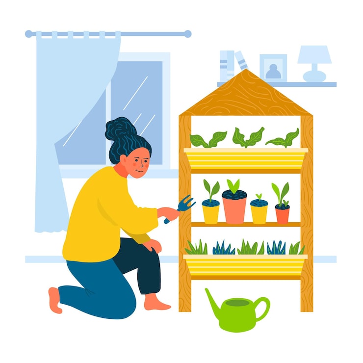 Vector gratuito mujer ilustrada que cultiva un huerto en casa
