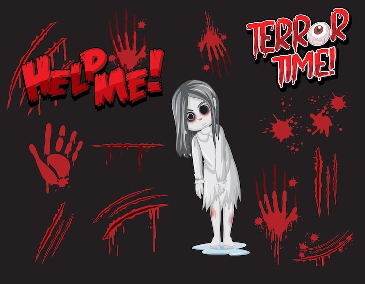 Vector gratuito niña fantasma con salpicaduras de sangre e impresión de la mano