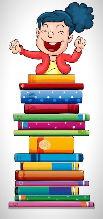 Vector gratuito niña feliz saltando por encima de la pila de libros