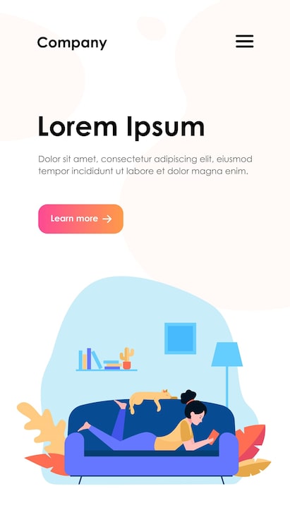 Vector gratuito niña y gato relajándose en la plantilla web de sofá. mujer de dibujos animados en comodidad y lectura