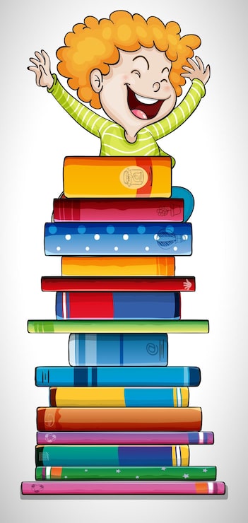 Vector gratuito niño feliz de pie sobre una pila de libros
