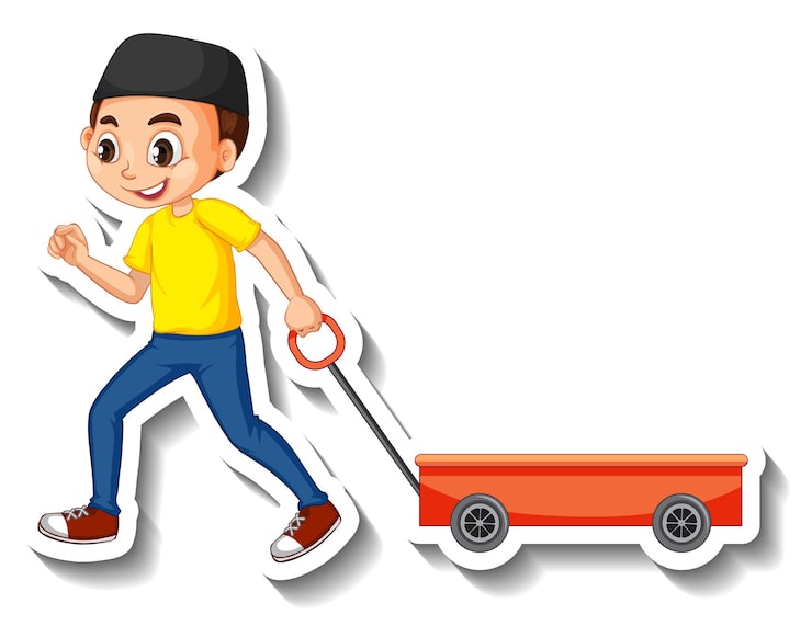 Vector gratuito un niño musulmán tirando de un personaje de dibujos animados de carro
