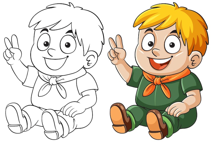 Vector gratuito niño sonriente sentado y mostrando el signo de la paz