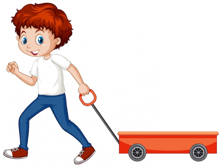 Vector gratuito niño tirando carro carro en blanco