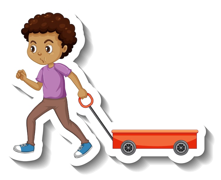 Vector gratuito un niño tirando de carro rojo sobre fondo blanco.