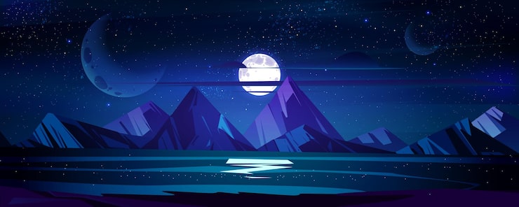 Vector gratuito noche océano paisaje luna llena y estrellas brillan