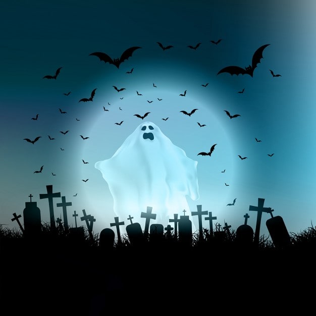 Vector gratuito paisaje de halloween con figura fantasmal y cementerio