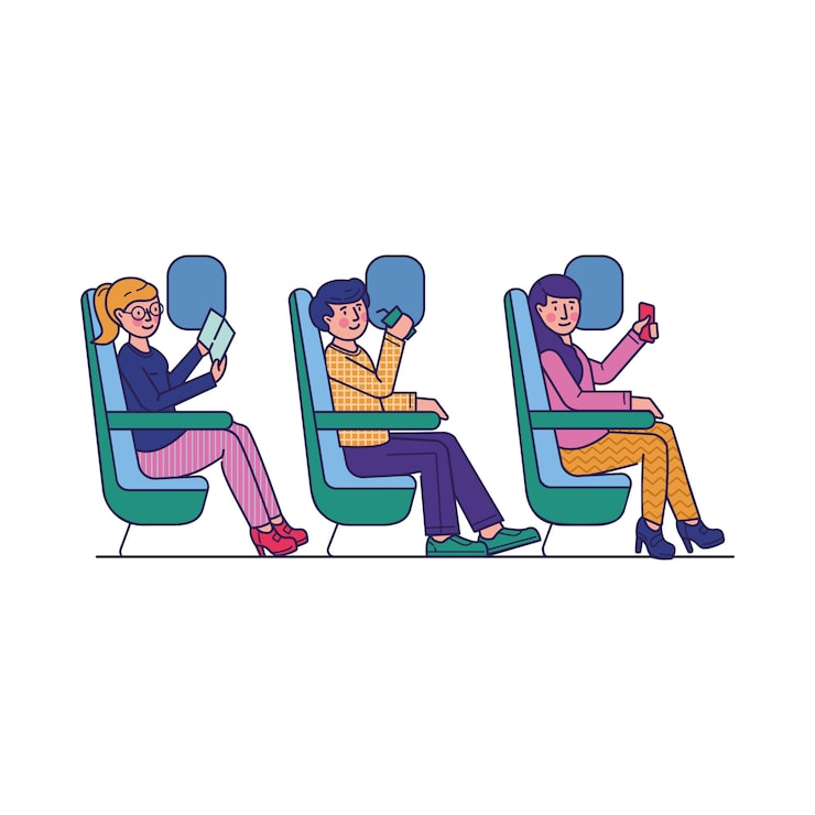 Vector gratuito pasajeros que viajan en avión ilustración plana