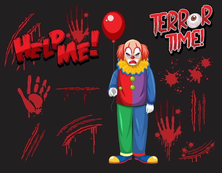 Vector gratuito payaso espeluznante con conjunto de salpicaduras de sangre y huella de mano de sangre