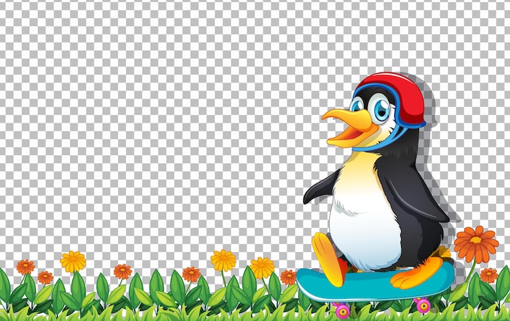 Vector gratuito pingüino jugando patineta sobre fondo transparente