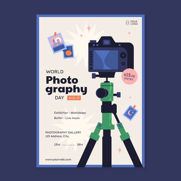 Vector gratuito plantilla de cartel vertical plano para la celebración del día mundial de la fotografía
