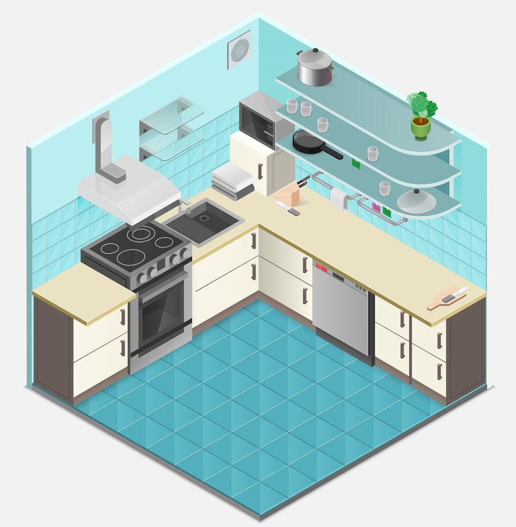 Vector gratuito plantilla isométrica interior de cocina