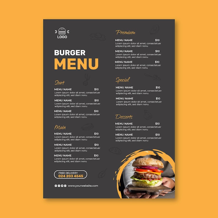 Vector gratuito plantilla de menú de restaurante de hamburguesas