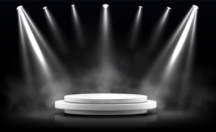 Vector gratuito podio redondo, escenario vacío iluminado por focos.