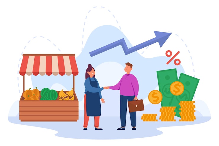 Vector gratuito propietario de una pequeña empresa dándose la mano con el prestamista.