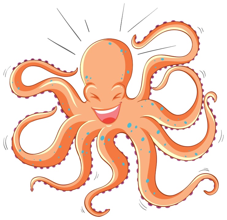 Vector gratuito pulpo riendo personaje de dibujos animados aislado sobre fondo blanco.