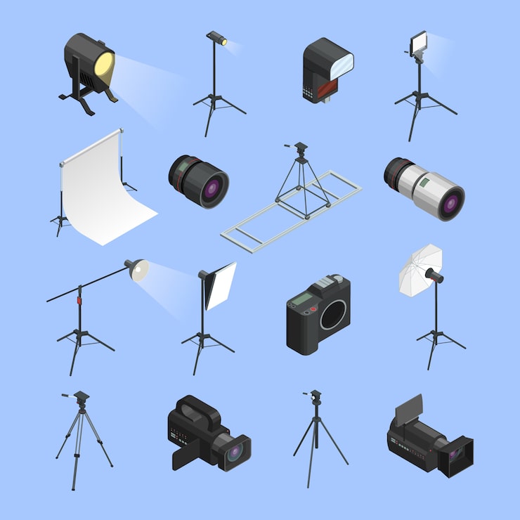Vector gratuito set de iconos isométricos de equipo de estudio de foto profesional