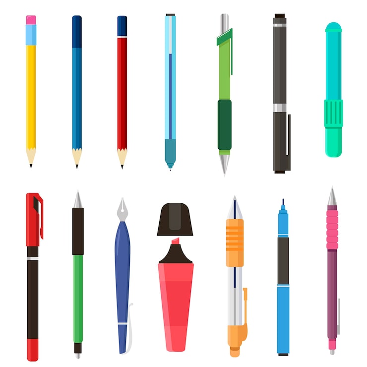 Vector gratuito set de lápices y bolígrafos escolares. ilustraciones de papelería