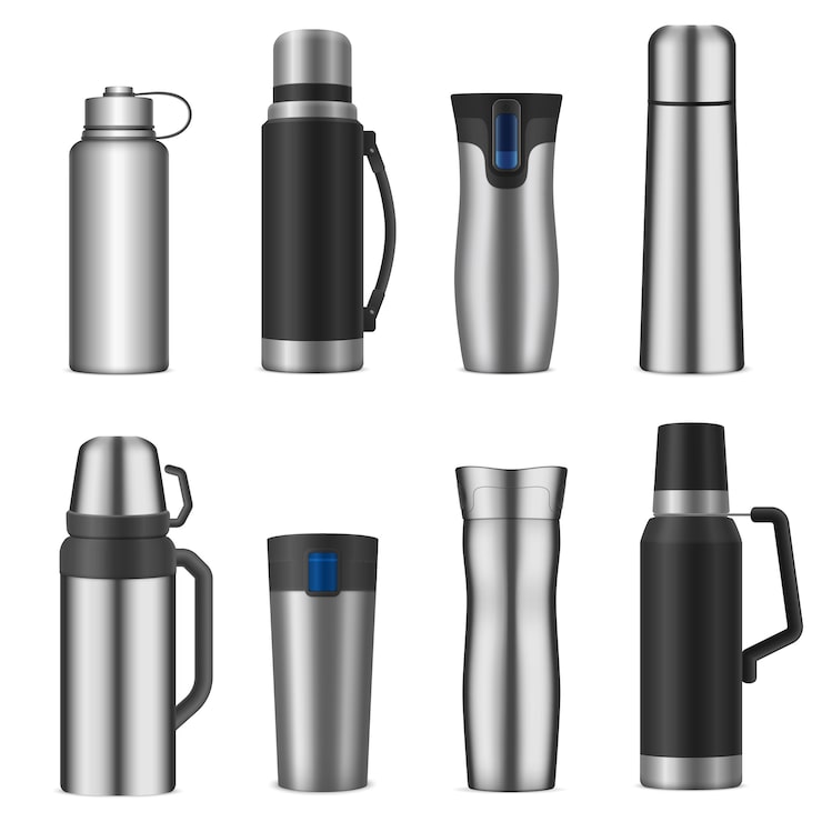 Vector gratuito set de recipientes para bebidas de acero inoxidable