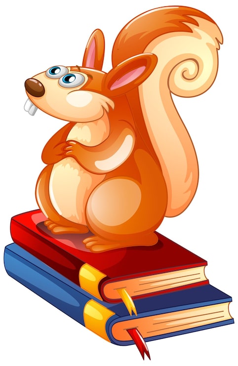 Vector gratuito sitiing ardilla en libros sobre fondo blanco.