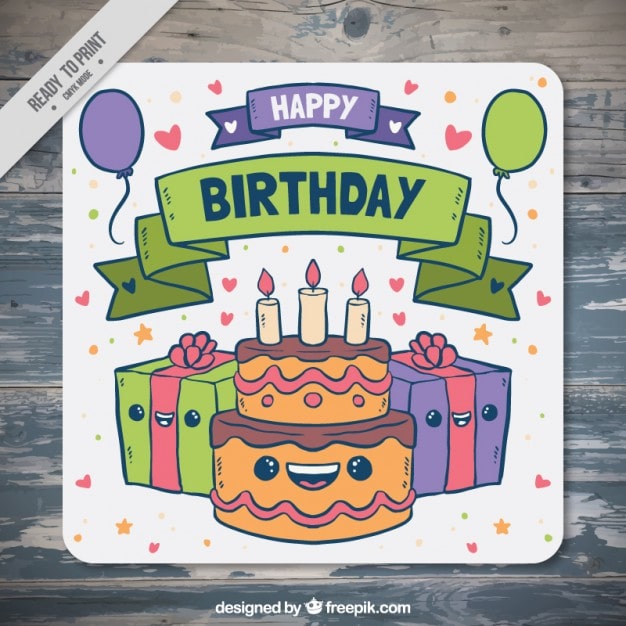 Vector gratuito tarjeta de cumpleaños dibujada a  mano con pastel y regalos