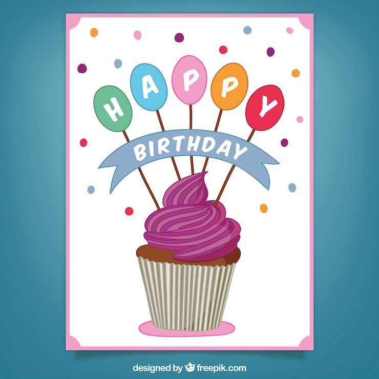 Vector gratuito tarjeta de cumpleaños con magdalena en estilo hecho a mano