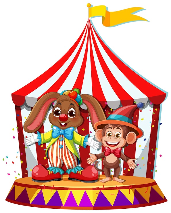 Vector gratuito tenda de circo con conejo payaso y mono