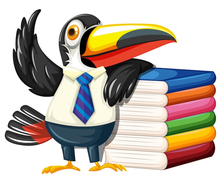Vector gratuito tucán con muchos libros.