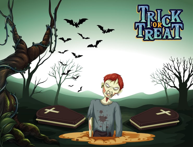 Vector gratuito zombie espeluznante en el fondo del cementerio del bosque