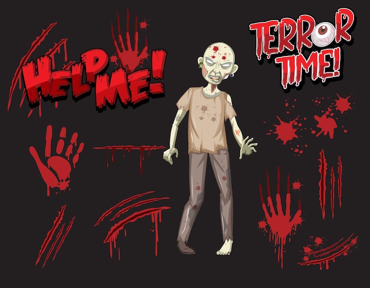 Vector gratuito zombie con salpicaduras de sangre y huella de mano.