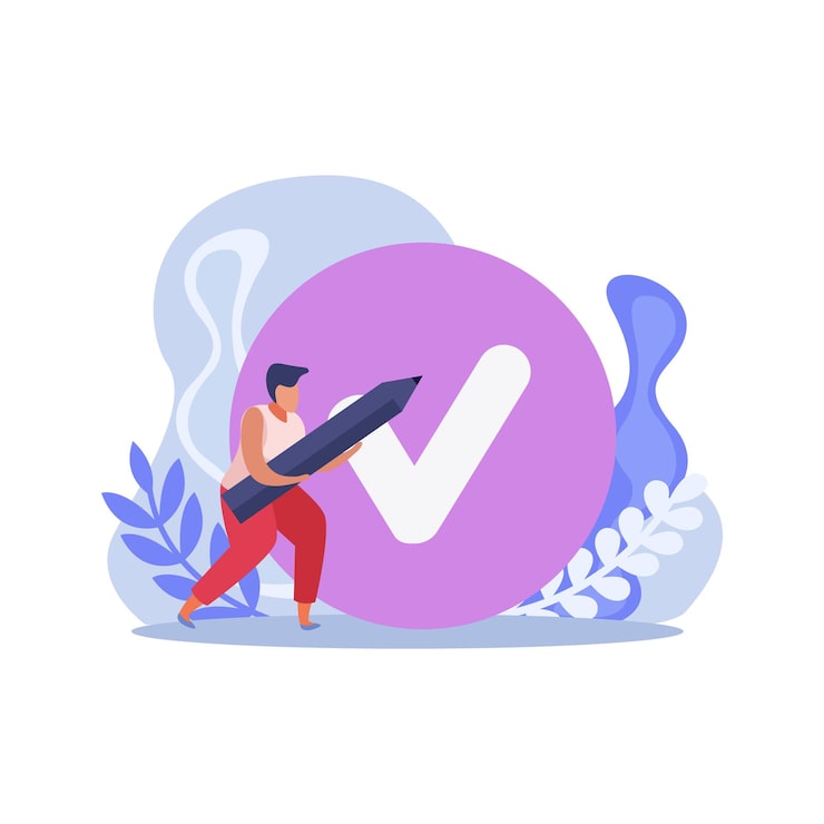 Miễn phí Vector bản kế hoạch đạt được mục tiêu, bố cục phẳng với người đàn ông cầm bút chì và hình ảnh dấu tích