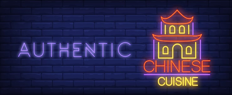 Miễn phí Vector bảng hiệu neon ẩm thực trung quốc. gà mái và người bạn ngon miệng dòng chữ phát sáng.