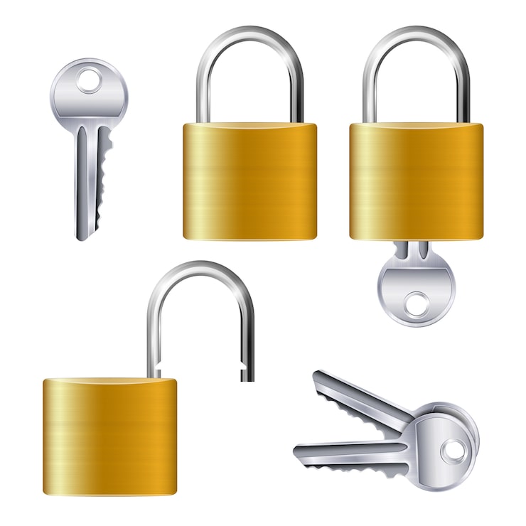 Miễn phí Vector bộ ổ khóa và chìa khóa mở và đóng bằng kim loại vàng giống hệt nhau chân thực trên nền trắng được cô lập