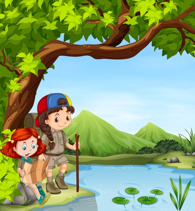 Miễn phí Vector các cô gái đi bộ đường dài bên sông