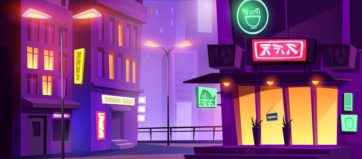 Miễn phí Vector cảnh đêm khu trung tâm được chiếu sáng bởi đèn neon