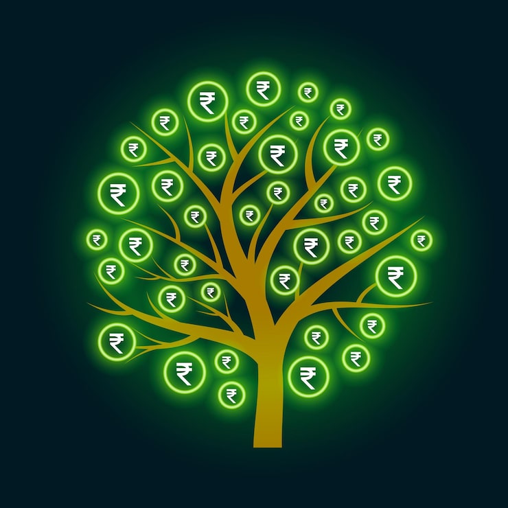 Miễn phí Vector cây tiền biểu tượng đồng rupee tiền tệ ấn độ neon phát sáng trên nền tối