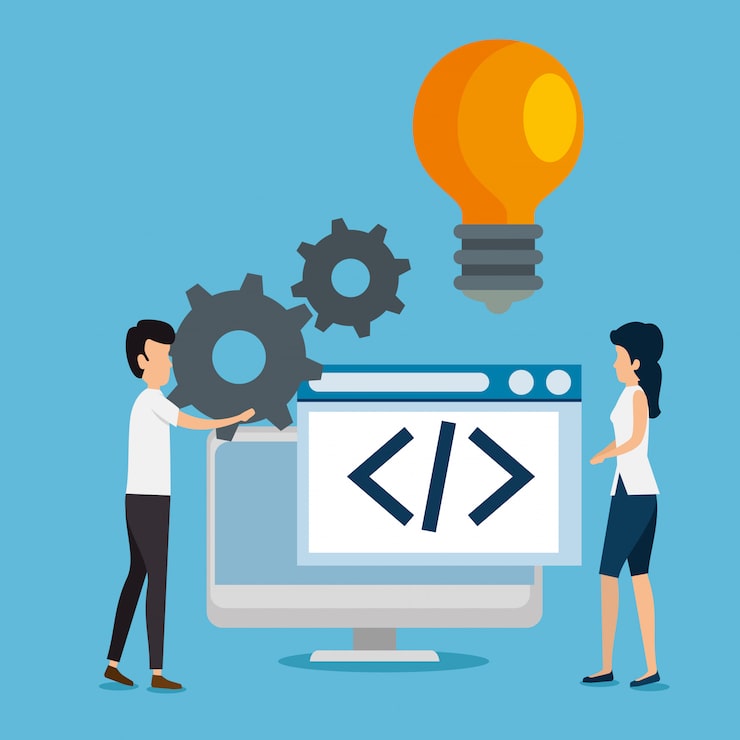 Miễn phí Vector đội ngũ nam và nữ làm việc với bánh răng và trang web máy tính