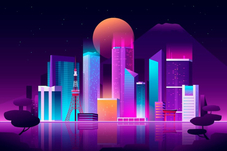 Miễn phí Vector đường chân trời tokyo chuyển màu với màu neon