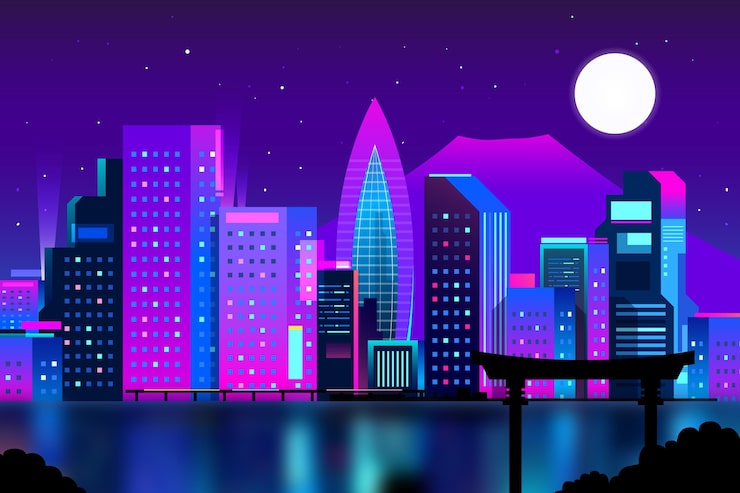 Miễn phí Vector đường chân trời tokyo chuyển màu với màu neon