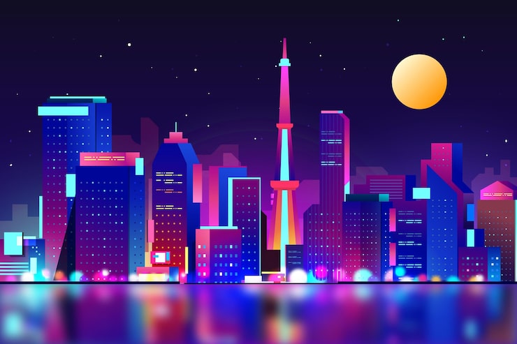 Miễn phí Vector gradient đường chân trời tokyo với đèn neon