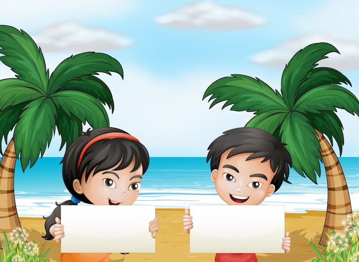 Miễn phí Vector hai đứa trẻ đáng yêu ở bãi biển với tấm biển trống
