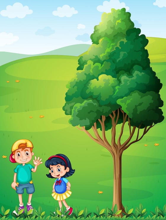 Miễn phí Vector hai đứa trẻ trên đỉnh đồi gần cây