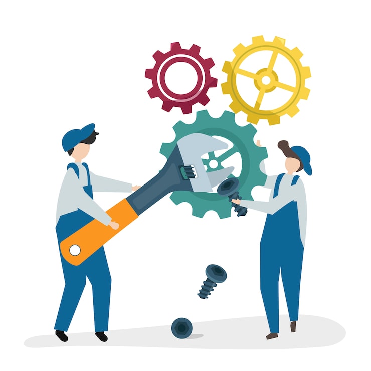 Miễn phí Vector hình ảnh minh họa các nhân vật sửa chữa bánh răng cưa
