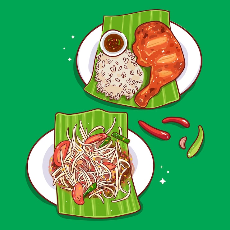 Miễn phí Vector hình minh họa món ăn đường phố thái lan đích thực: gỏi đu đủ thái (som tum) và suất gà nướng kèm xôi